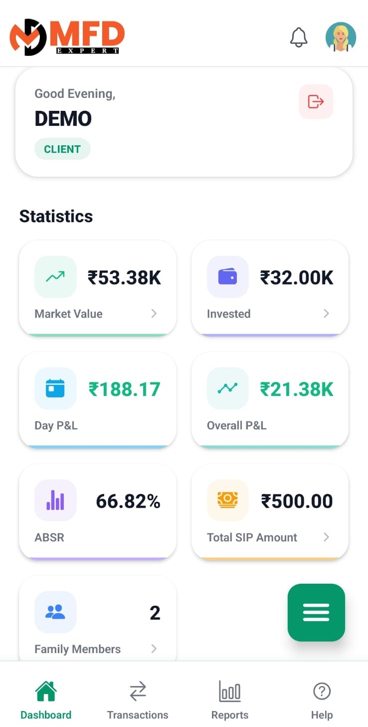MFD Expert client app dashboard showing market value, invested amount, profit and loss, SIP amount and family members